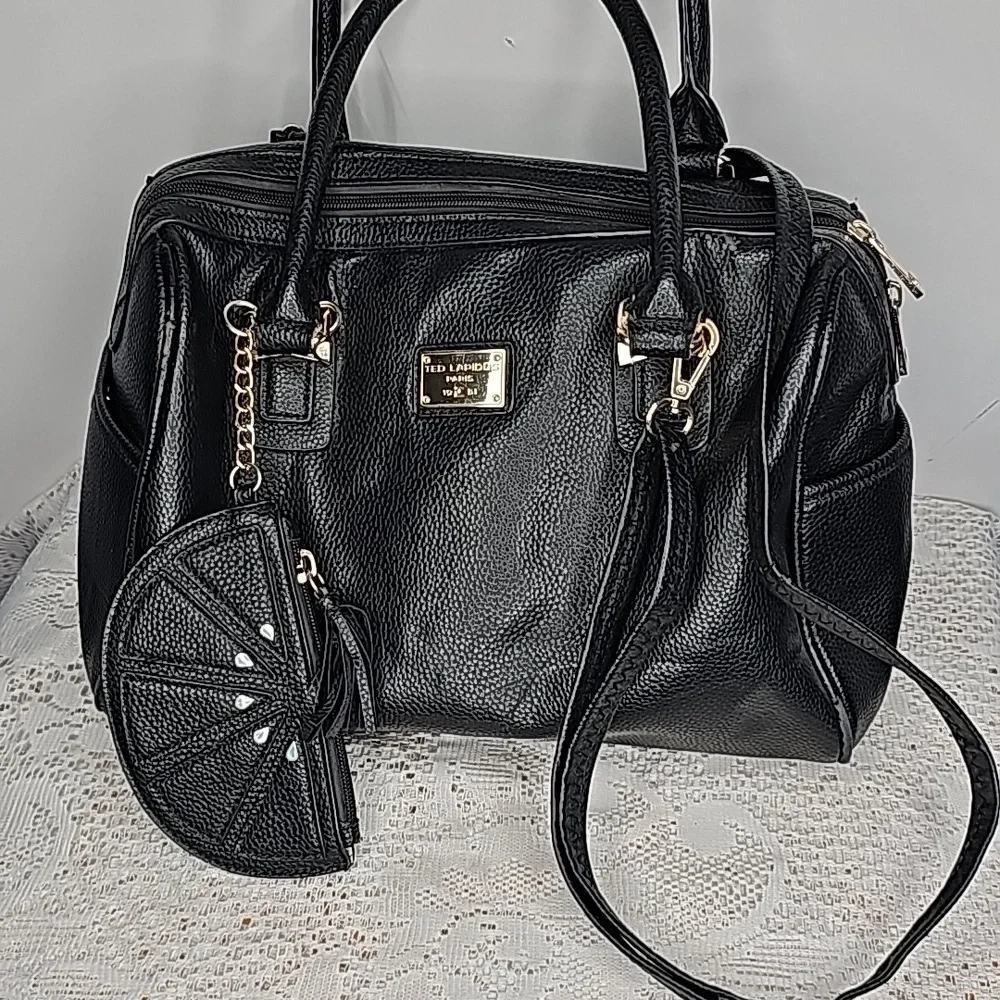 Ted Lapidus Paris leather black shoulder bag handbag includes coin purse